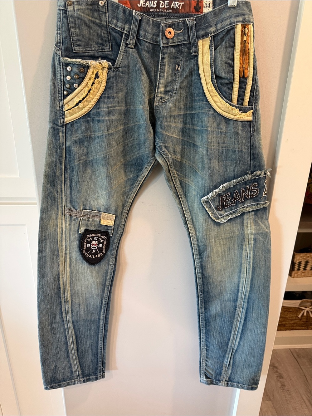 Men's Jeans De Art Distressed Blue Denim Jeans with Yellow Trim